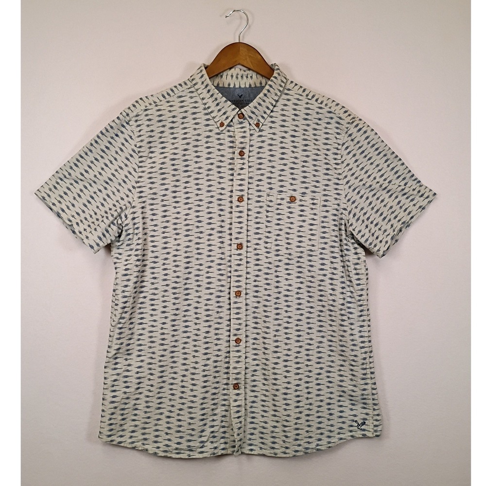 Boho American Eagle Mens XL White Blue Ikat Slim Fit Short Sleeve Button Down